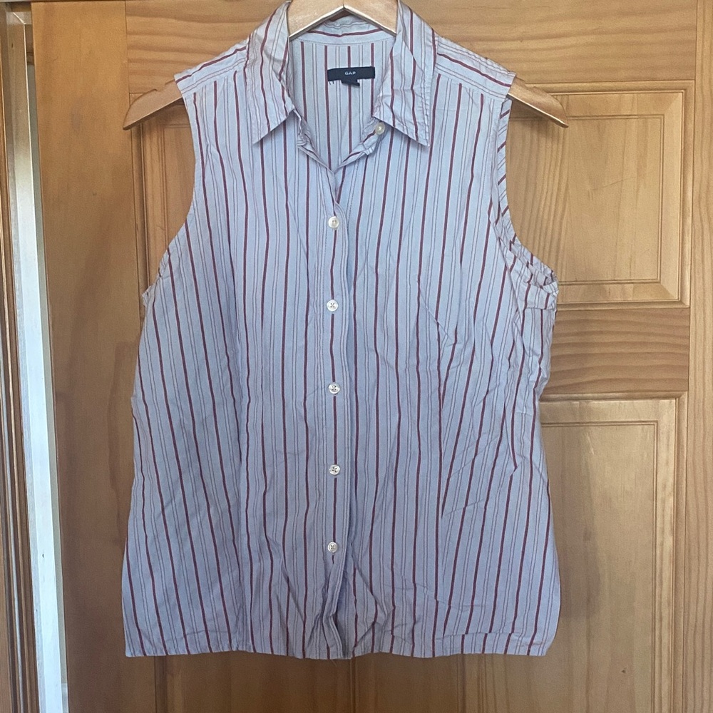GAP Cotton Sleeveless Striped Button Down Shirt - light blue with red and white